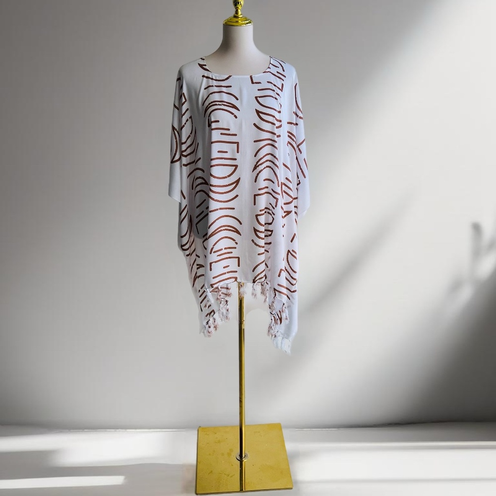 0074/ White Brown Poncho, Swim Cover up, Little Bit See Through
